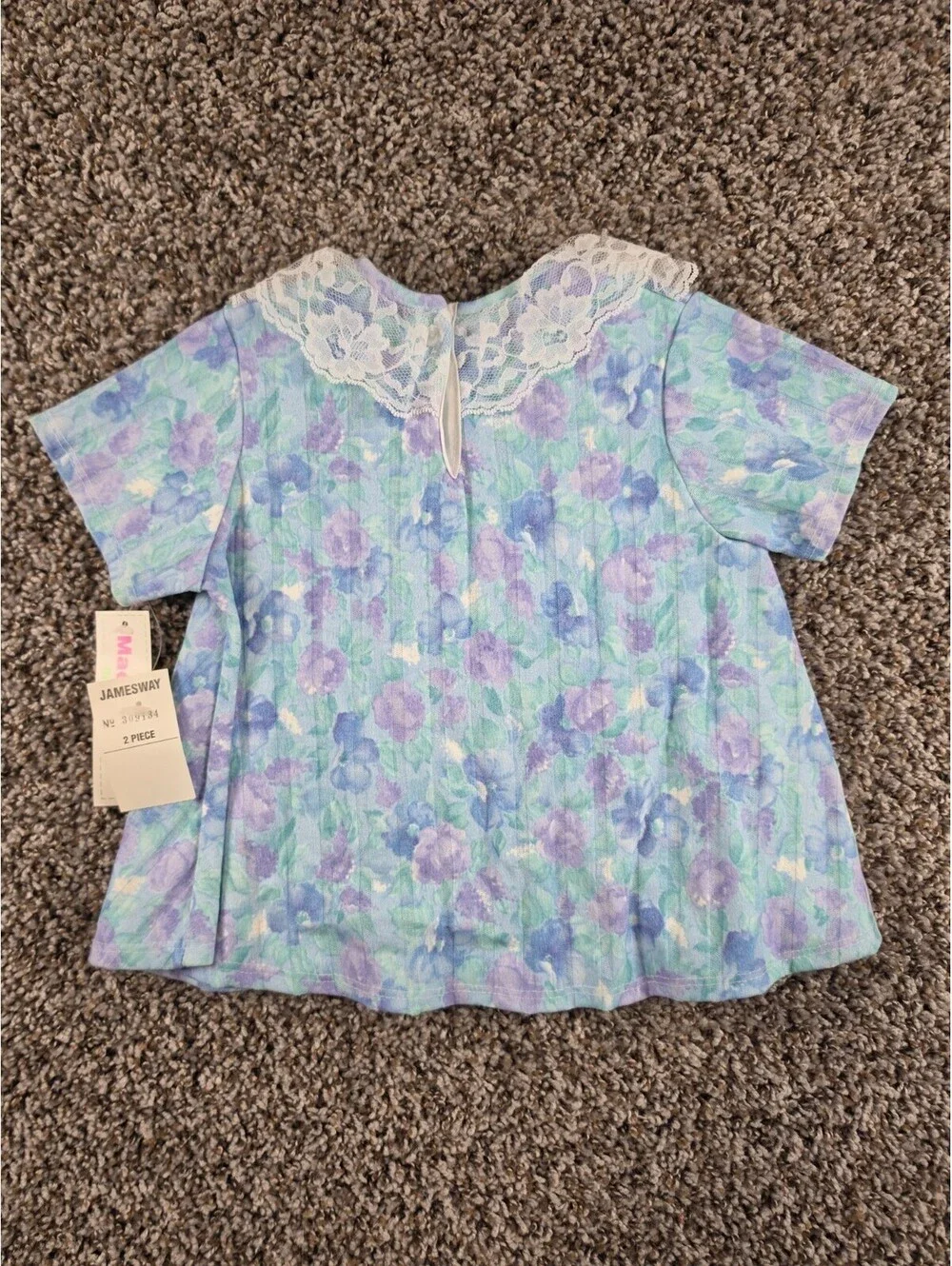 Vtg 1980s Toddler Girls Sz 3T Pastel Floral Short Sleeve Blouse Lace Neckline